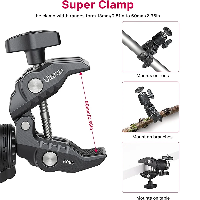 Ulanzi R099 Super Clamp con Mini testa a sfera a 360 ° staffa a morsetto a sgancio rapido supporto per treppiede 1/4 Clip a vite per fotocamera DSLR