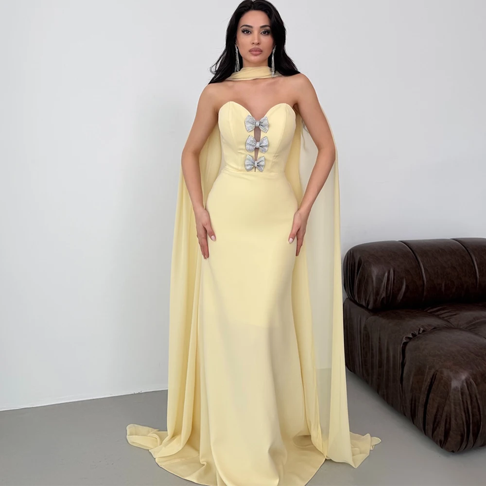 

Simple Strapless yellow Jersey Customized Evening Dress Formal Watteau Train Prom Dresses Fashion Bow Bespoke Occasion Gowns