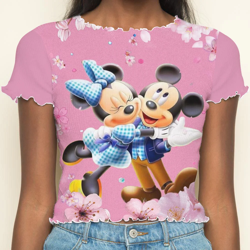 Crop Tops Sexys Woman Clothing Summer Clothes Women 2024 Y2k Lettuce Trim Minnie Mouse Short Sleeve T-shirt Disney T-shirts Top