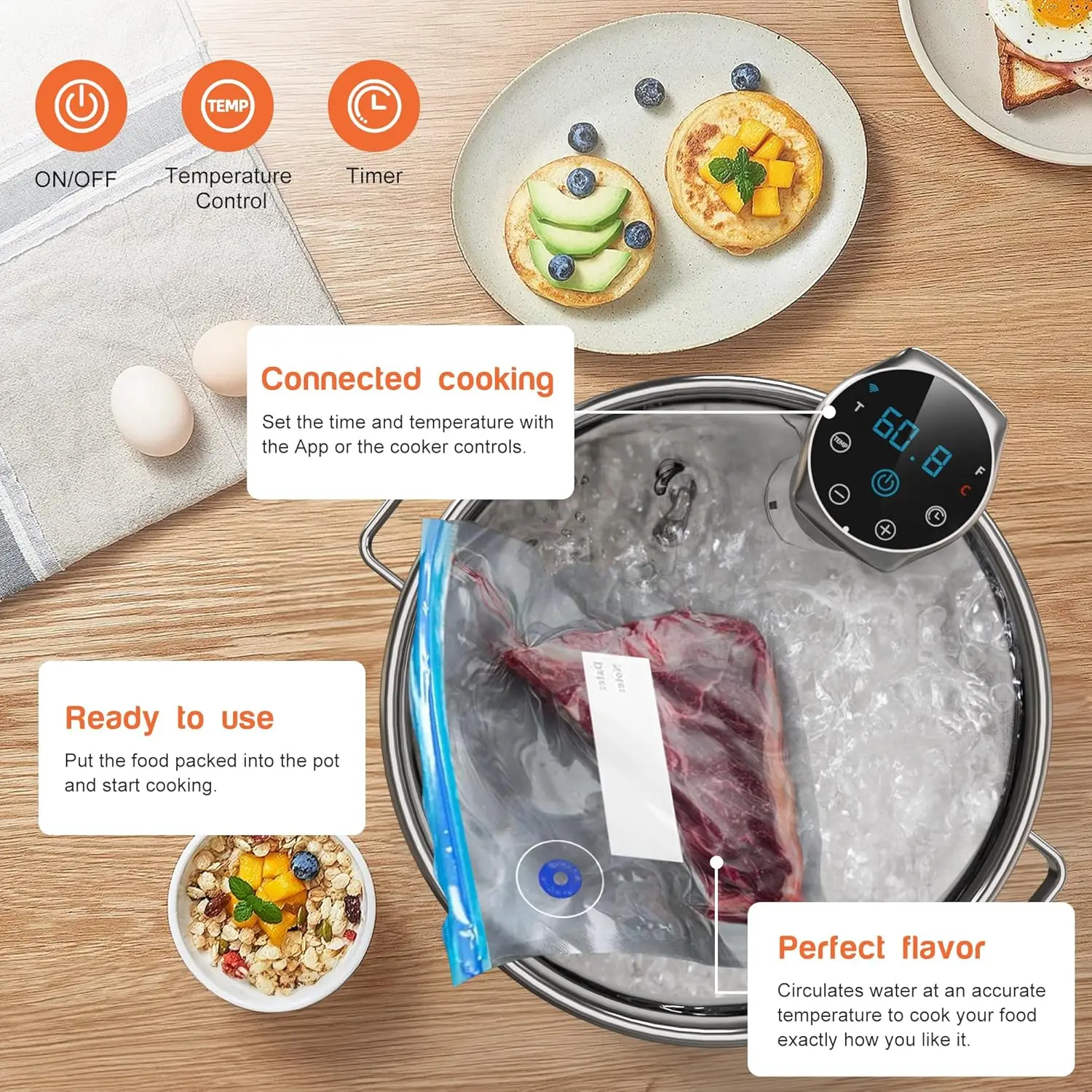 Sous Vide Cooker Ki، 1 Sous Vide achine LED، ifi Conrol، ier، Silence Sainls Seel Iersion Circul