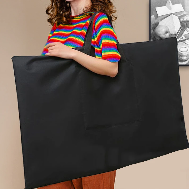 96x69CM Large Black Art Portfolio Bag Durable Canvas Storage Poster Painting Board Carry Handbag Art Students Organizer w/Pocket
