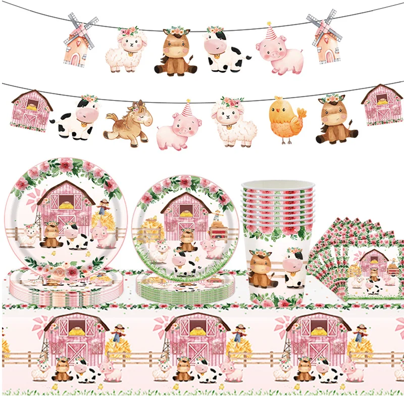 Juego de vajilla desechable para fiesta temática de Granero de animales de granja, vasos, platos, mantel, globos, suministros de decoración de cumpleaños para niños