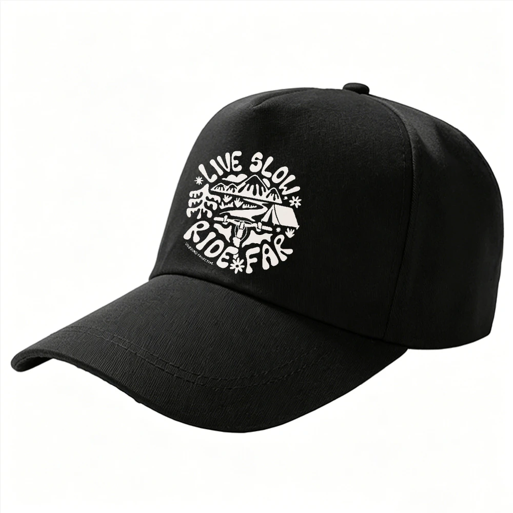 Adjustable Cotton Baseball Cap Live Slow Ride Far Mountain Bike Camping Circular Print Outdoor Adventure Cycling Sun Casual Cap