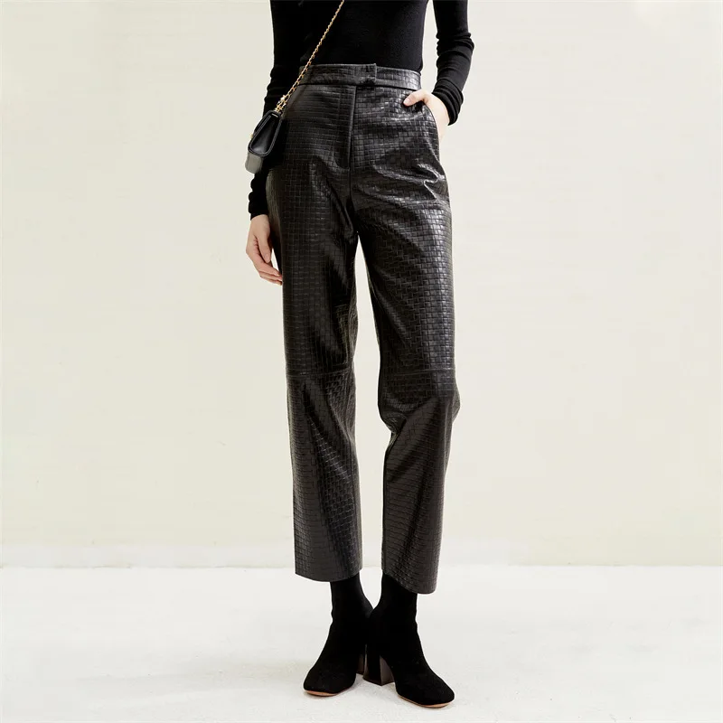 100% Genuine Leather Striaght Pants for Women 2025 Spring Fashion Weaving Pattern Lady Sheepskin Straight Ankle-length Trousers