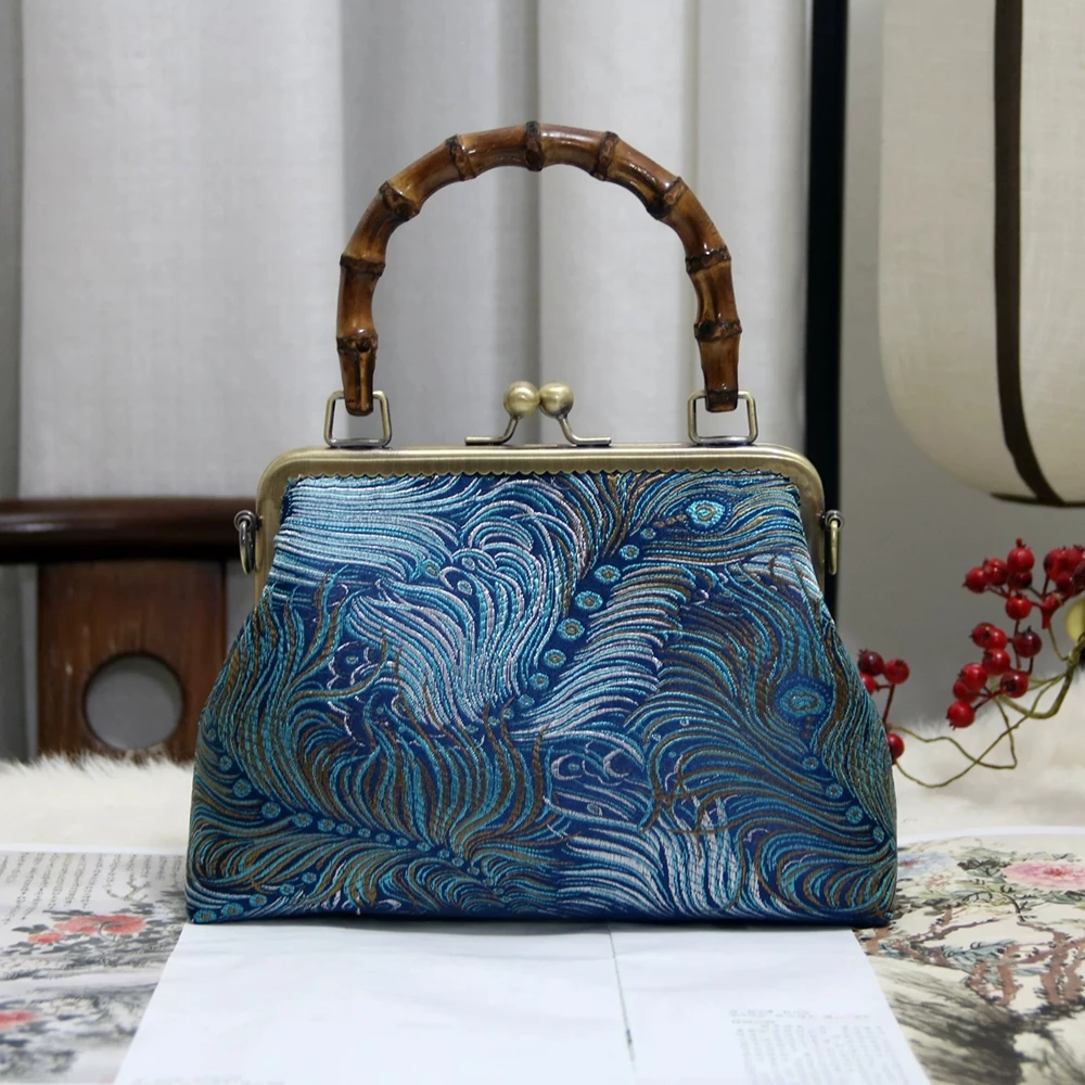 Retro Brocade Cheongsam Bag Traditional Chinese Style Bamboo Handle Bag Zen-inspired Original Design Lady Handbag