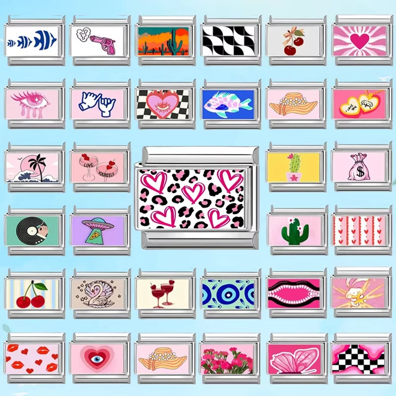 New Y2K Design Pink Heart Leopard  CD Lips Hat Italian Charm Links Fit 9mm Stainless Steel Bracelet Women Men DIY Making Gift