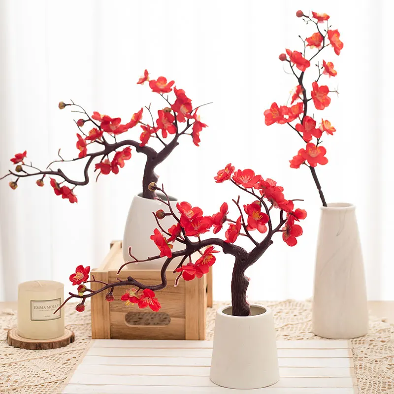 Flores de cerezo artificiales, flor de ciruelo de invierno, flores de seda, decoración de boda, decoración de mesa para el hogar, sala de estar, bonsái Sakura