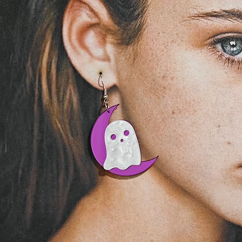 KUGUYS Halloween Earrings for Women Acrylic Ghost Skull Crossbone Moon Frame Dangle Gothic Spooky Party Costume Gift