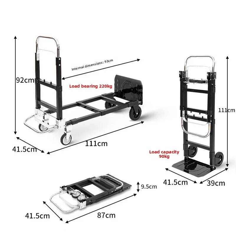 150kg Galvanized Folding Telescopic Hand Truck, Multifunctional Portable Warehouse Transport Trolley