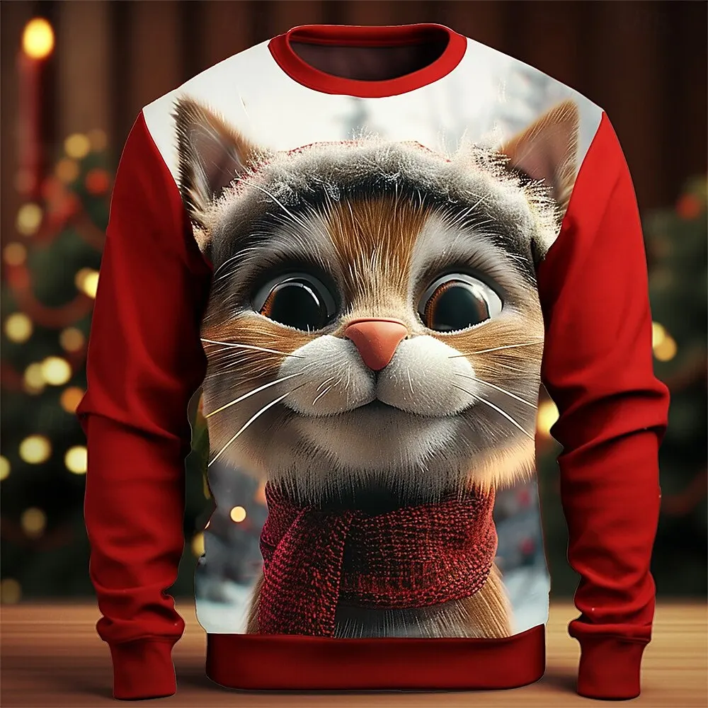 

Christmas Men's Cat 3D Print Sweater For Women Pullover Long Sleeve 3D Print Party Christmas New Year Crewneck Fashionable New