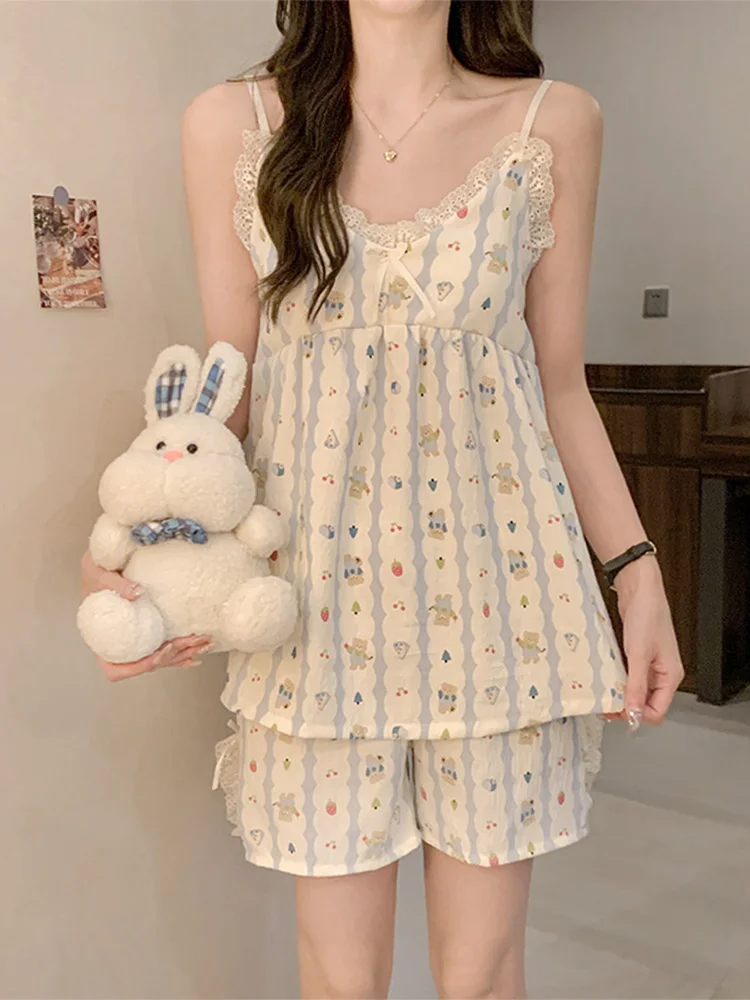 

Cloud Cotton Strap Spwear Women's Sle Summer Sweet Princ Home Clothes Set Anti-Vacuum Design ort Pants V-Ne