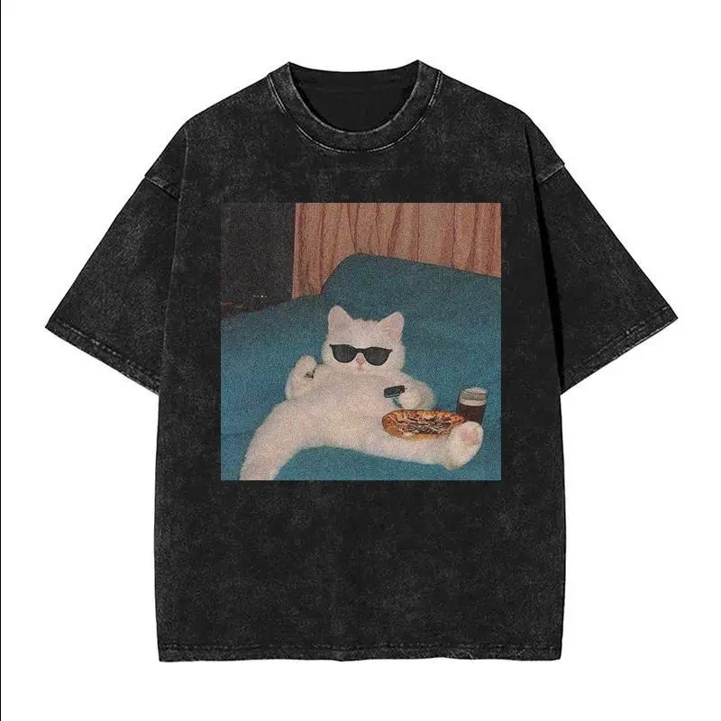 

Plus Size Heavy-weight Pure Cotton Short-sleeved T-shirt with Funny Cat and Dog Prints Washed Finish Perfect for Summer Tees