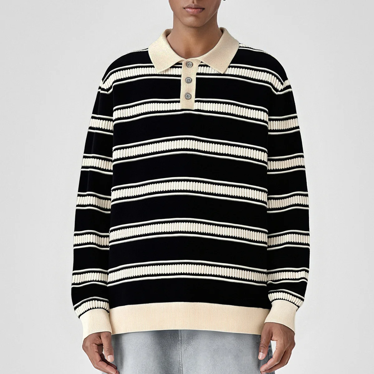 

Мужской вязаный свитер свободного кроя с длинным рукавом, повседневный, черный, в полоску, с контрастным воротником, трансграничная поставка