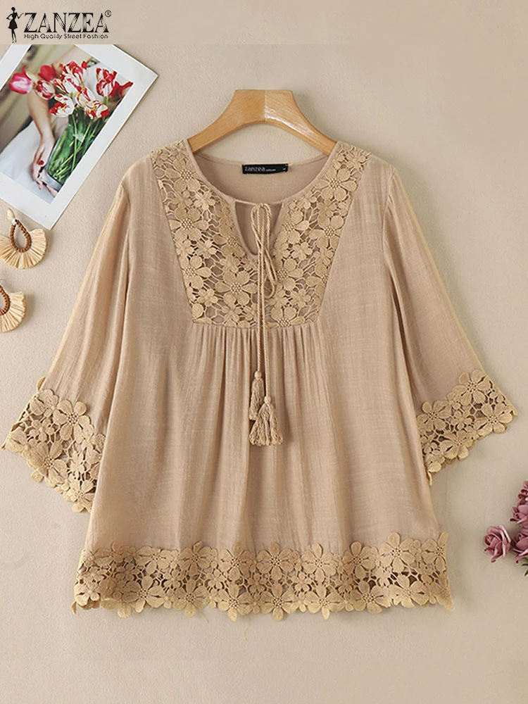 ZANZEA ลูกไม้ Trim 3/4 แขนเสื้อสีทึบผู้หญิงพู่ Lace Up Openwork SMOCK เสื้อ V คอแฟชั่น Blusas Mujer