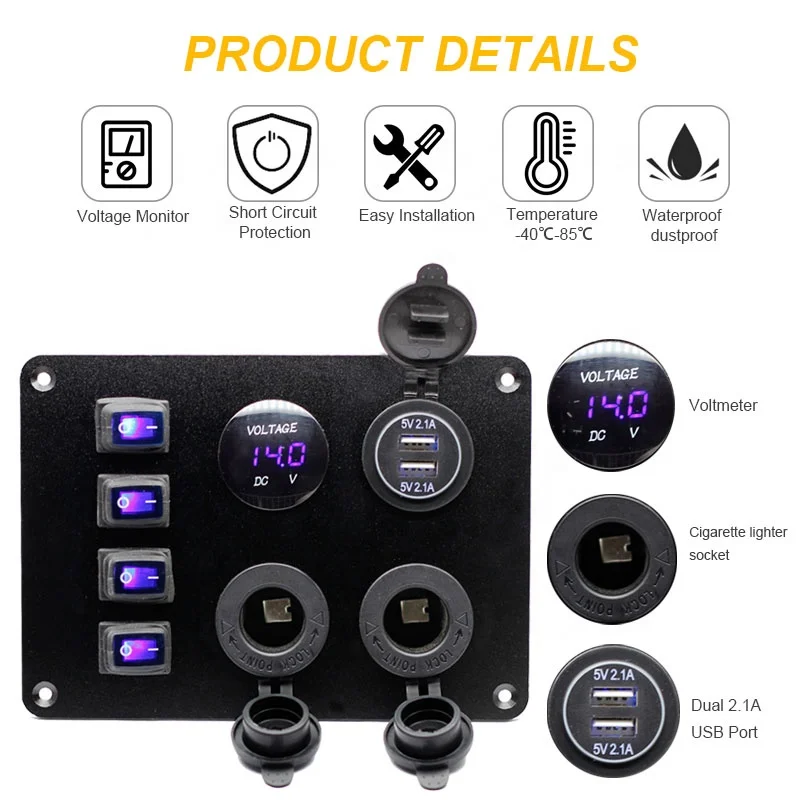 4 Gang Rocker Switch Panel with USB Charger Voltmeter Waterproof 12V-24V DC Rocker Switch with 4.2A Dual USB Charger and Night