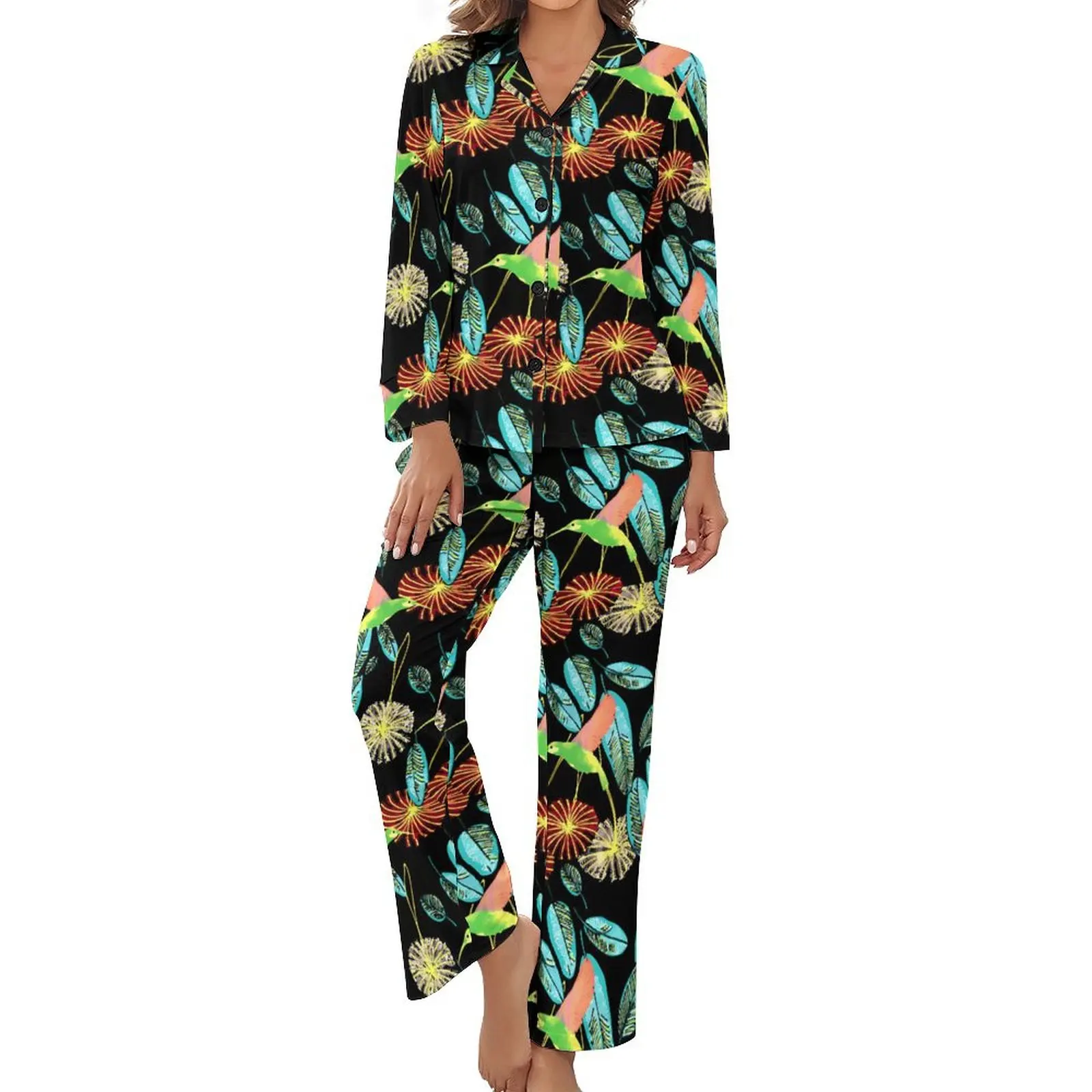 Tropical Birds Flower Pajamas Women Green Leaves Kawaii Sleepwear Autumn Long Sleeve 2 Piece Leisure V Neck Custom Pajama Sets