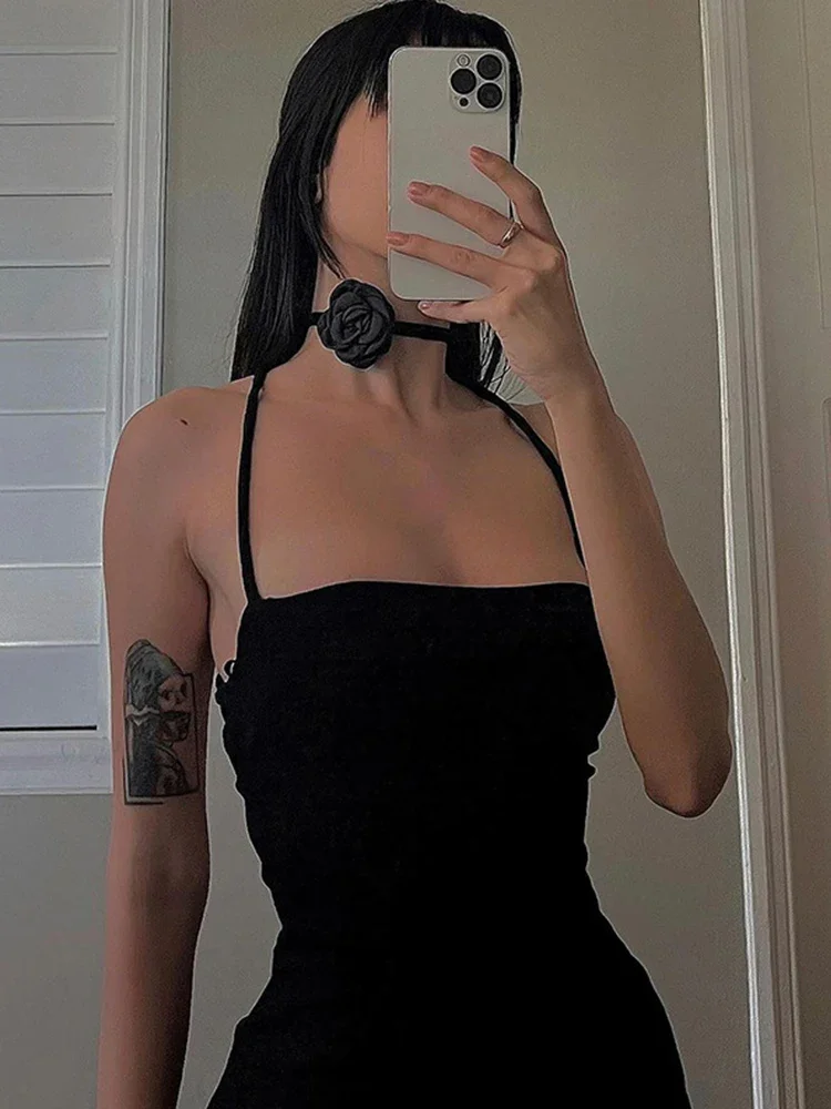 2025 New Vintage Fairycore Sexy Midi Dress Women Streetwear Y2K Gothic Backless Lace-up Halter High Waist Bodycon Dresses Female