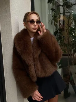 Image Heart Shaped Fur Short Coat Coffee Colored Lapel Fashion Minimalism Temperament Furry Overcoat Top Women's Warmth Luxury Outwear