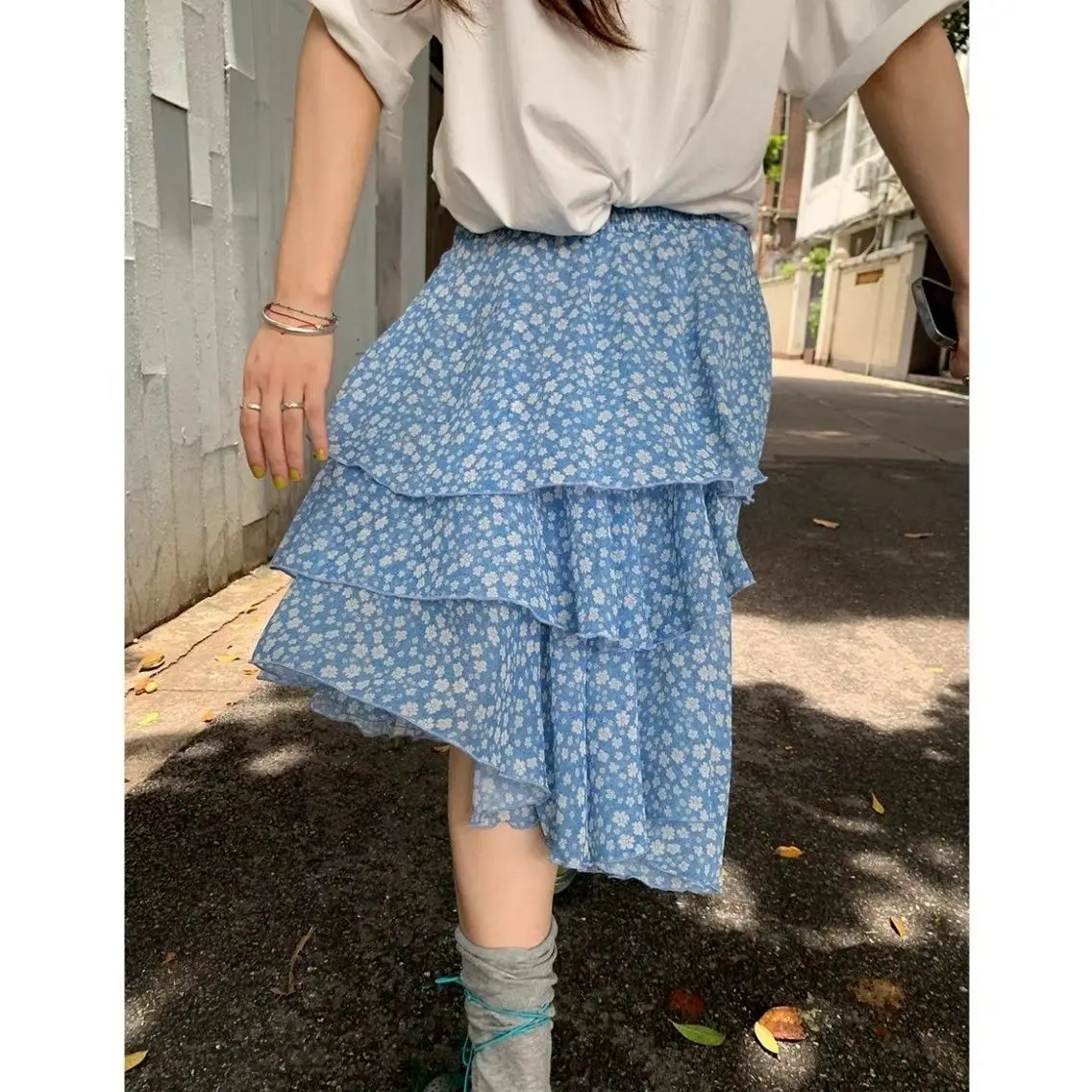 

Blue A-shaped Skirt Women's Floral Irregular Medium and Long Skirt Floral