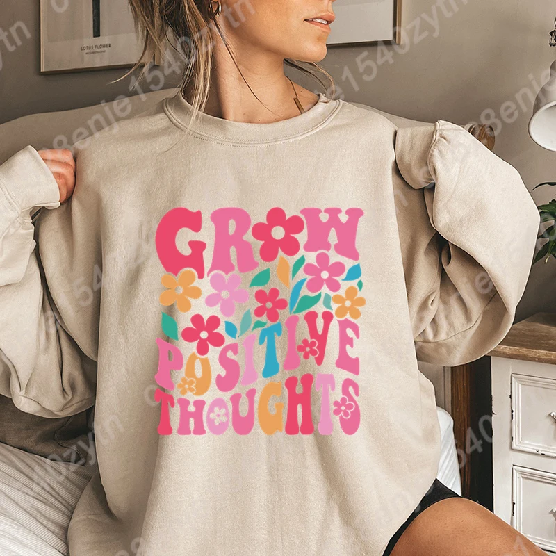 

Flower Grow Positive Thoughts Hoodless Sweatshirts Women Fashion O Neck Pure Color Pullovers Casual Long Sleeve Sweatshirts Tops