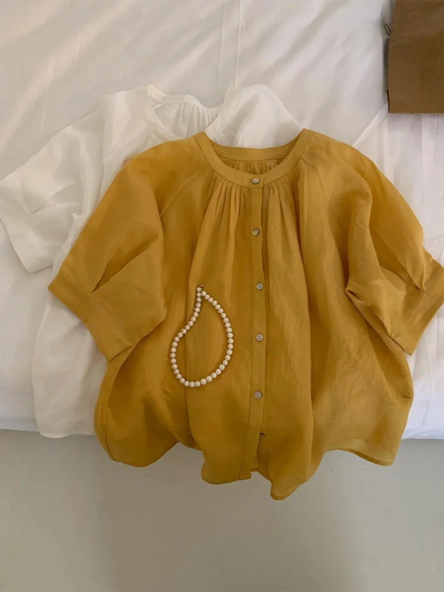 

Slimming Effect Yellow round Ne Linen Design Loose ort Sve irt Women Summer Lightweight oulder Drop Loose Fit irt