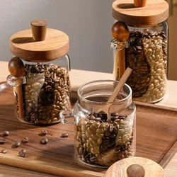 Glass Jars Food Storage Container Spice Jars with Wooden Lid Spoon Small Tea Coffee Sugar Storage Jars Bottle Kitchen Organizer