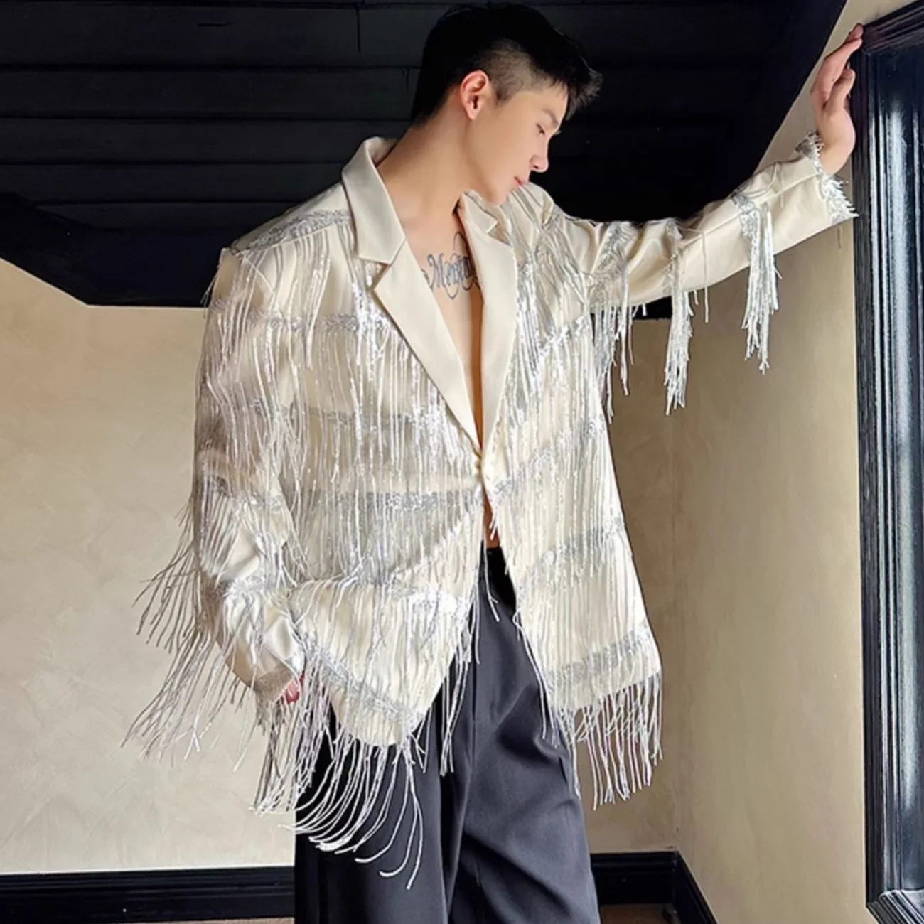 Chic Men\'s Blazer Jackets Glitter Tassel Fashion Oversized Suit Coat Stage Dance Singer Magician Party Personal Clothing