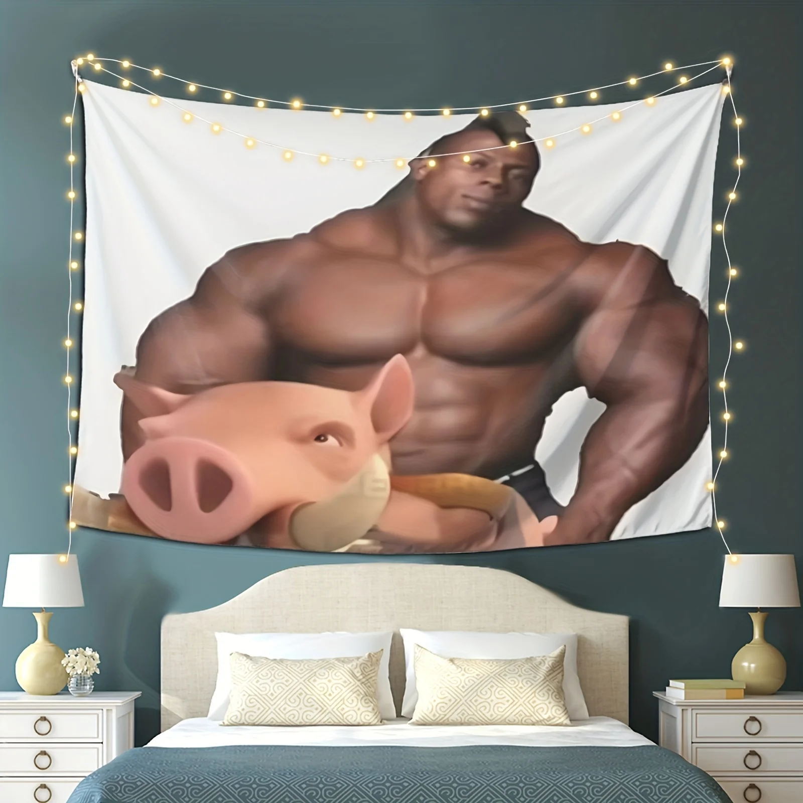 VIKAMA Muscle Man and Pig Tapestry Fun Bedroom Dormitory Wall Hanging Fabric Living Room Home Decoration