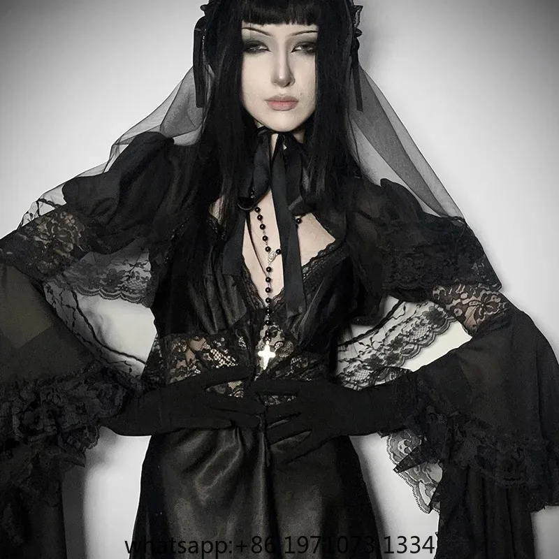 Vintage Chinese Style Gothic Smock Women Dark Aesthetic Fairycore Grunge Witch Lace Pachwork Flare Sleeve Crop Blouse
