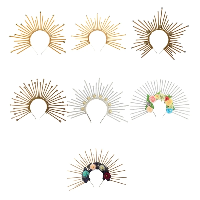 Round Five-pointed Star Head Buckle Hairband Funny Exaggerated Gold Crowns Halloween Witch Dress Hair Accessories Dropship