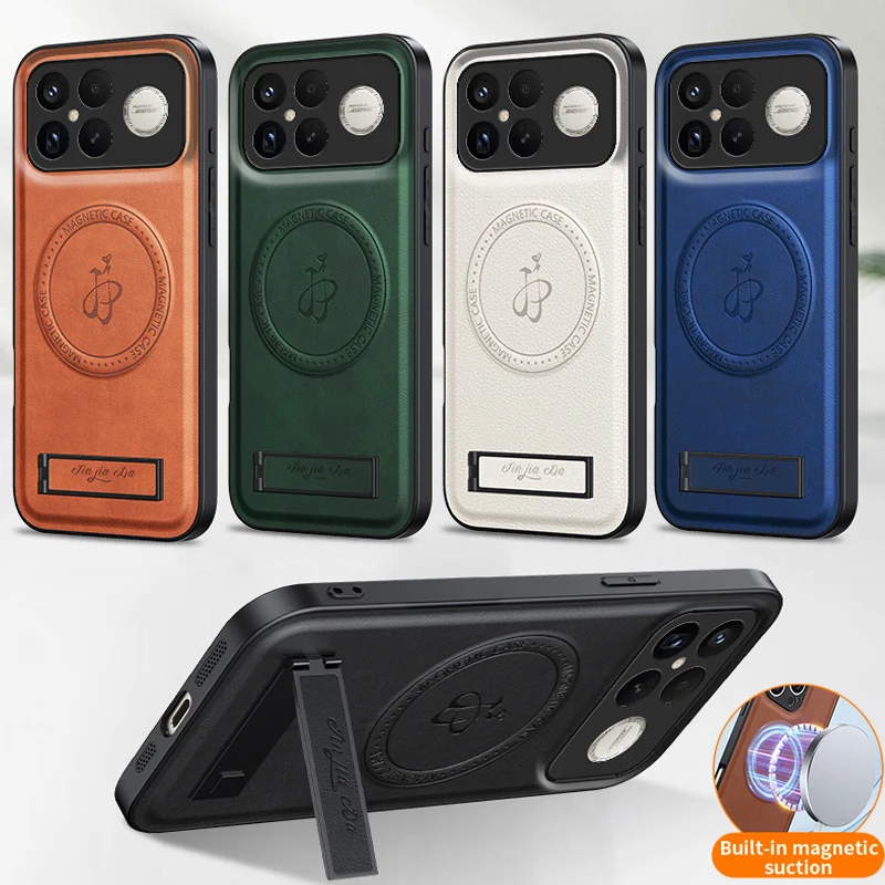 

Магнитные кожаные чехлы для Poco F8 F7 Ultra X6 X5 X7 F5 Pro с беспроводной зарядкой, полной защитой объектива, держателем и мягким покрытием