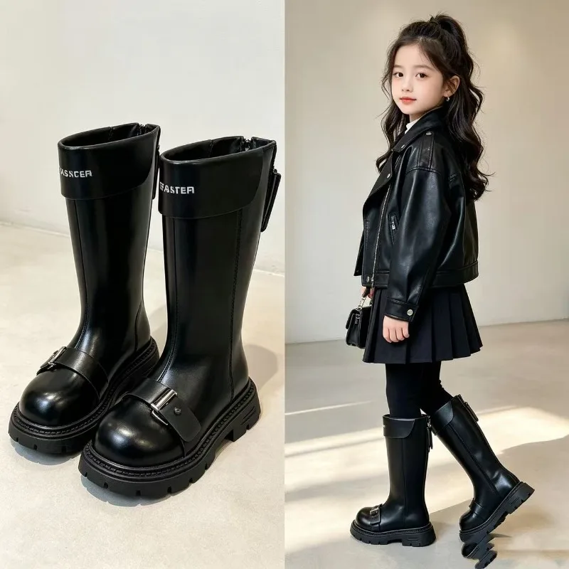 Childrens Long Boots Fashion PU Leather Knight Boots Metal Buckle Soft Boys Girls Footwear Autumn Winter Ages 3-18 Kids Shoes