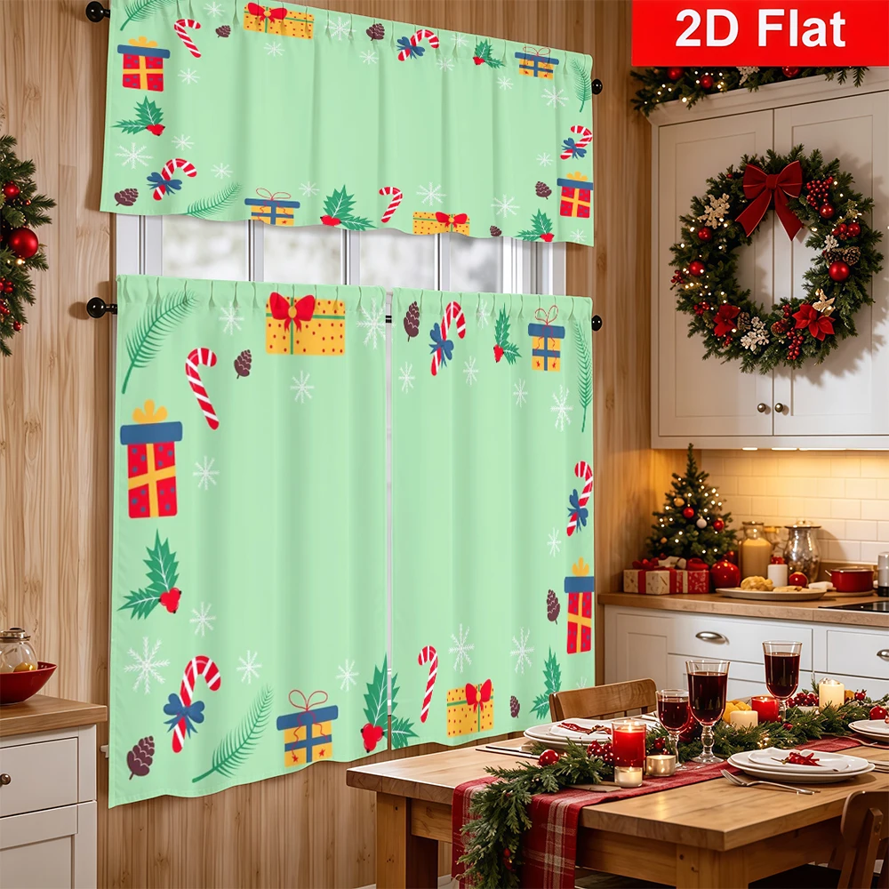 Christmas Kitchen Curtains, Gift Candy Cane Corner, Digital Print, Kitchen Dining Room, Rod Pocket Polyester, Home Decor