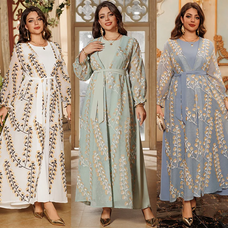 

Элегантная мусульманская Абая Ид с длинными платьями, комплект с вышивкой, халат Дубай, арабский Джалабия, вечерние платья, кардиган, комплект из 2 предметов, 2025 г.