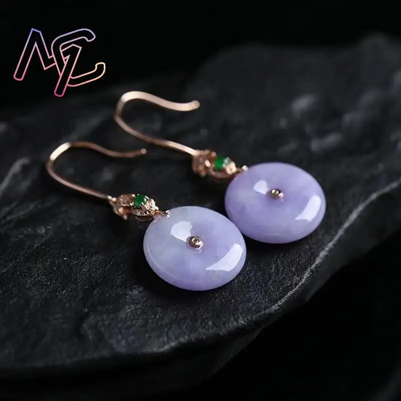 Purple Natural Jade Donut Earrings Real Jewelry Charm Stone Gifts for Women 18K Gold Plated Vintage Carved Gemstone Talismans