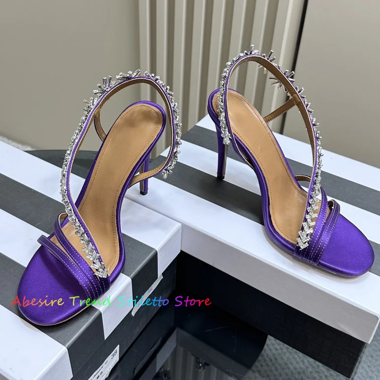 

Purple Silk Crystal Open Toe Slim Heels Sandals Women Summer Sexy Rhinestone High Heel Ankle Strap Designer Brand Banquet Shoes