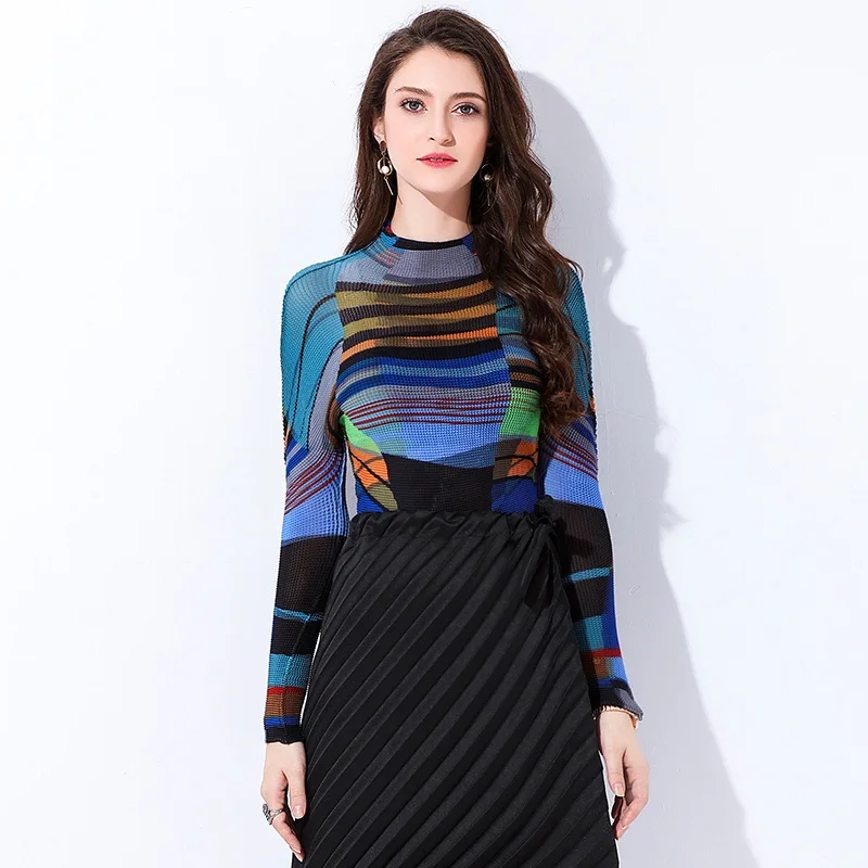Miyake Pleated Top Fashion Women's Long Sleeve Top Printing Pleated Poloneck T-shirts