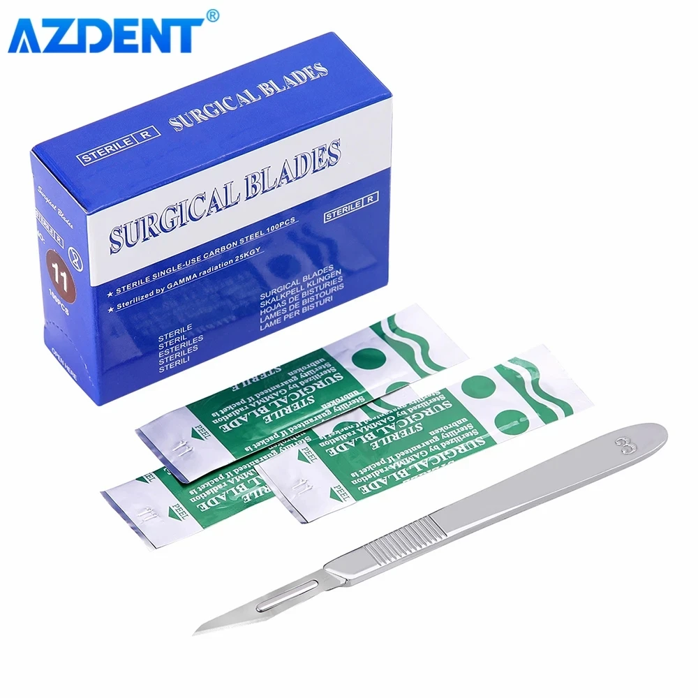 100pcs/Box Dental Surgical Scalpel Sterilized Blades AZDENT Carbon Steel 10# 11# 15# with 1PC 3# Scalpel Handle Instruments