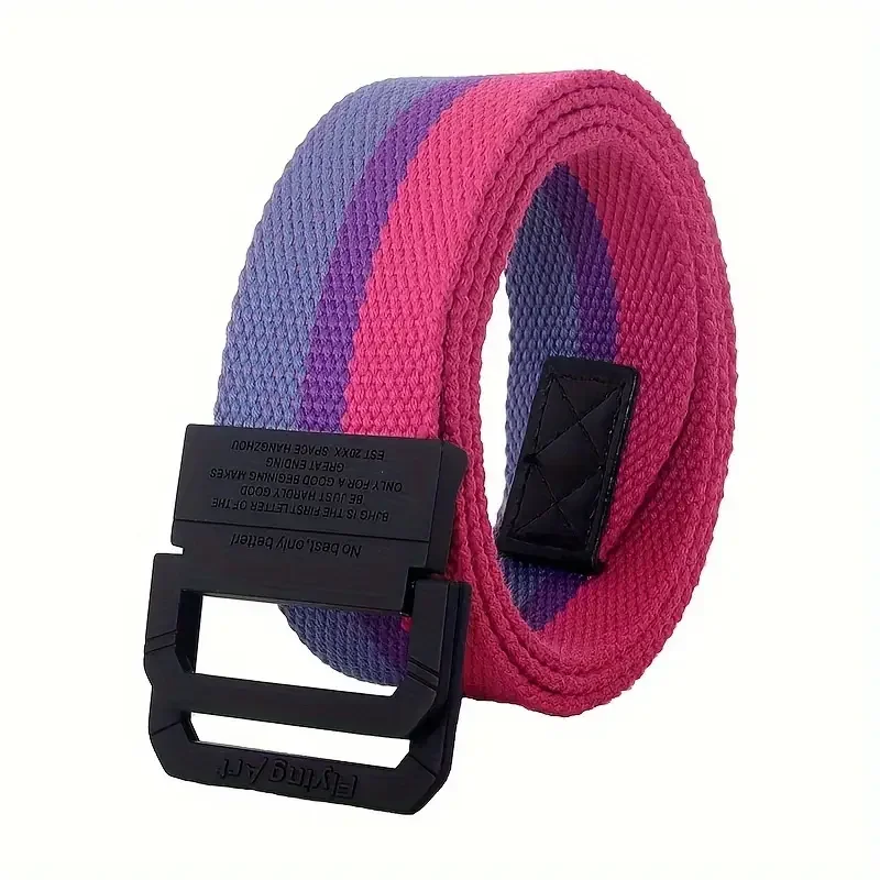 Siebenfarbiger Regenbogen-Canvas-Gürtel mit doppelter Ringschnalle für Damen und Herren, lässiger Hosengürtel – Detail 2