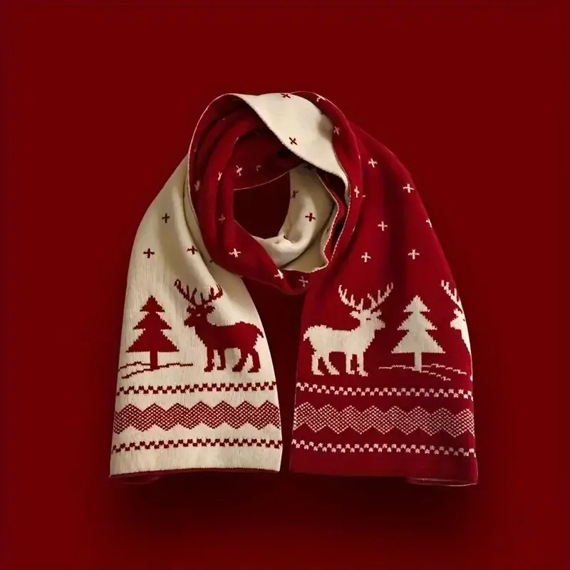 Women’s Elegant Winter Scarf – Double-Sided Red & White Scandinavian Reindeer Print, Soft Polyester-Viscose Blend