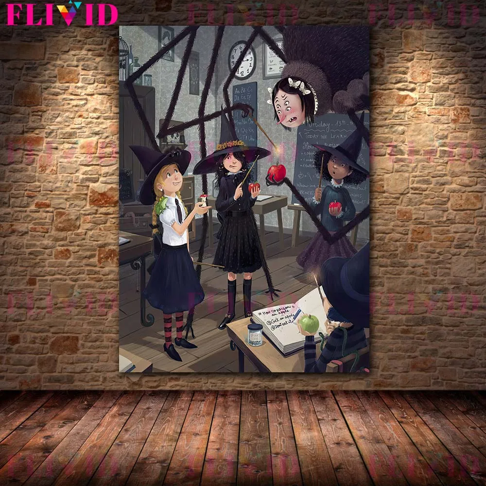 جدار الفن قماش اللوحة للديكور ، المشارك طباعة ، العنكبوت المعلم و ساحرة صغيرة في فئة سحرية ، لطيف الساحرة و اليقطين Gentleman