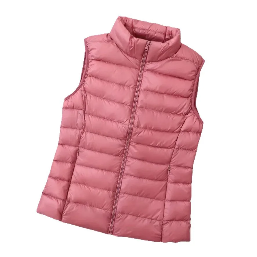 Women's Winter Down Vest Lightweight Cropped Slim Fit Stand Collar Front Zipper Side Pockets Women's Winter Coat Female Parka