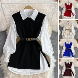 New Autumn Fashion Korean Office Lady Lapel Lantern Sleeves White Shirt +V-neck Knitted Vest Casual Two-piece Set Clothes Women