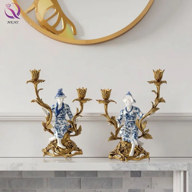 Home Restaurant Fireplace Home Decoration Ceramic Blue And White Porcelain Candlestick Holder