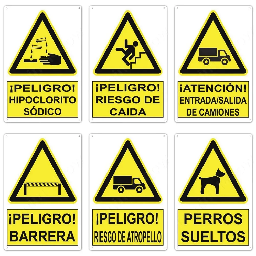 Spanish Warning Sign, Danger Metal Sign For Street, Yard, Bar, Workshop Decor, Yellow Waterproof Caution Signs, Outdoor Indoor