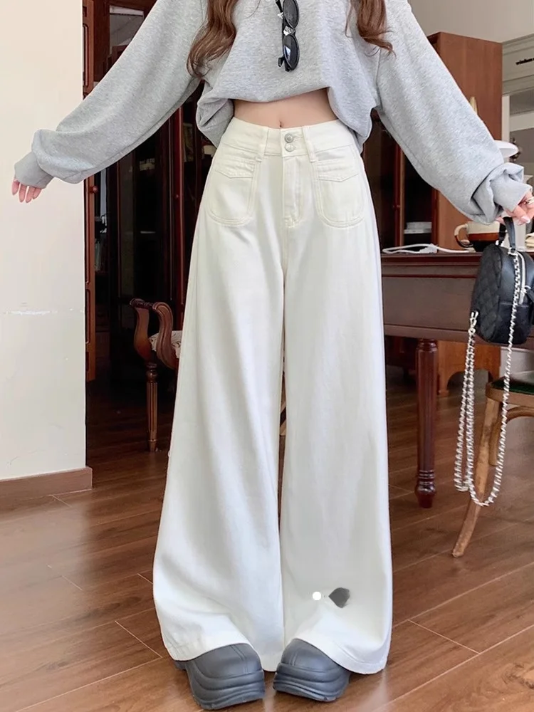 

White High Waist Straight Leg Jeans Women's Summer New Loose Fashion Versatile Slimming Unique Long Trousers Trendy Two Button