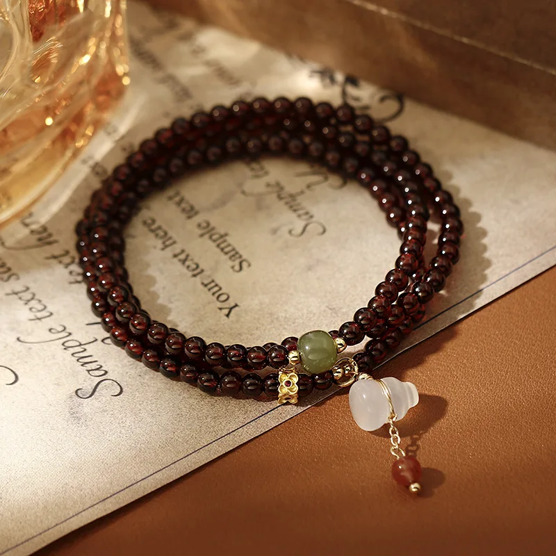 Elegant Triple Stacked Wine Red Garnet Natural Bracelet Light Luxury Niche Delicate High-end Sense HandString Beads Women's Gift