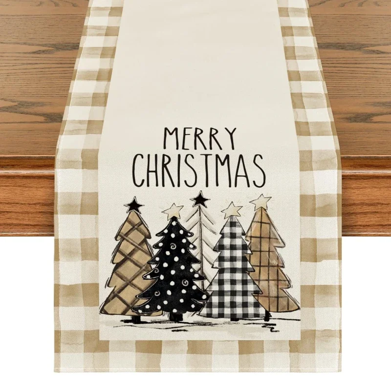 Table Runner Linen Christmas Bauble Ornament Pine Needle Black White Plaid Border Holiday Buffet Cloth