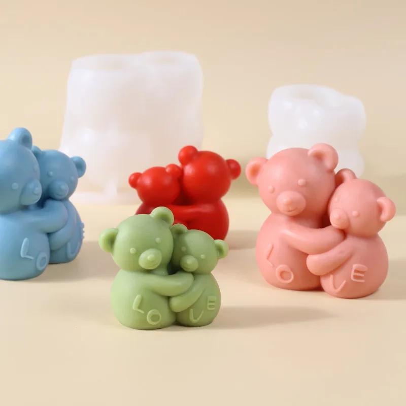 Niedlicher umarmender Bär, Silikon-Kerzenform, 3D-Paar, kleiner Bär, Kunsthandwerk, Gips, Harz, Beton, Gießform, Muttertagsgeschenk