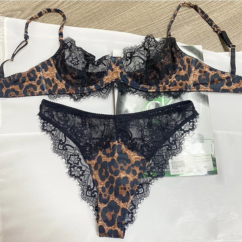 Sexy lingerie female leopard satin splicing lace bra set push up large size underwear breathable women bralette